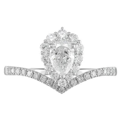 Pear Natural Diamond 3/4ctw. Halo V Shank Engagement Ring in 14k White Gold