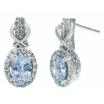 Oval Aquamarine Gemstone & Round Diamond Drop Earrings in 10k White Gold