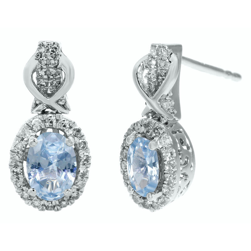 Oval Aquamarine Gemstone & Round Diamond Drop Earrings in 10k White Gold image number null