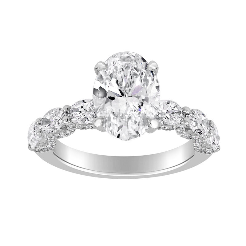 Oval-Cut Lab Grown 4 3/4ctw. Diamond With Horizontal Oval-Cut Diamond Side Scalloped Accents Engagement Ring in 14k White Gold image number null