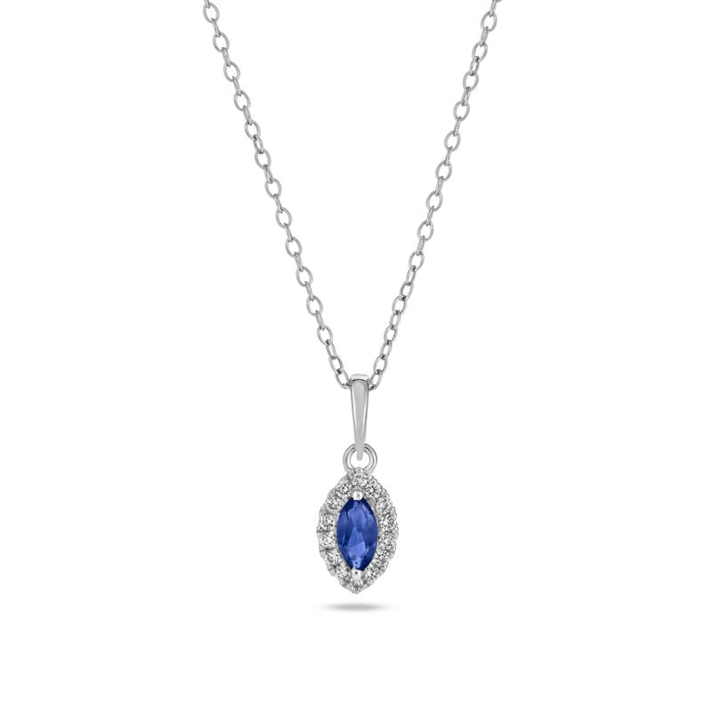 Marquise Lab Grown Diamond & Created Blue Sapphire Halo Pendant in Sterling Silver image number null