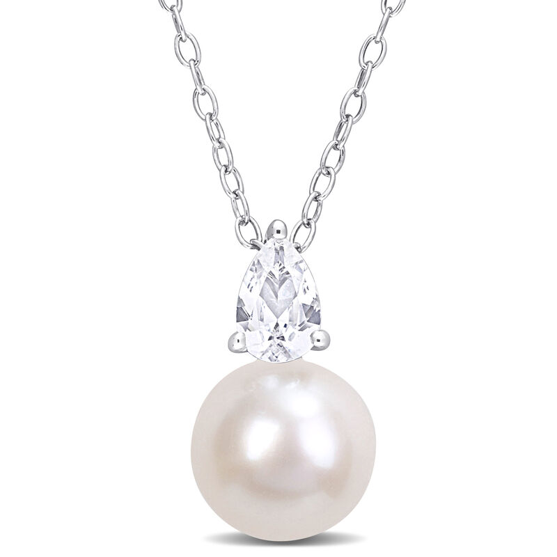 Created White Sapphire & Freshwater Cultured Pearl Necklace in Sterling Silver image number null