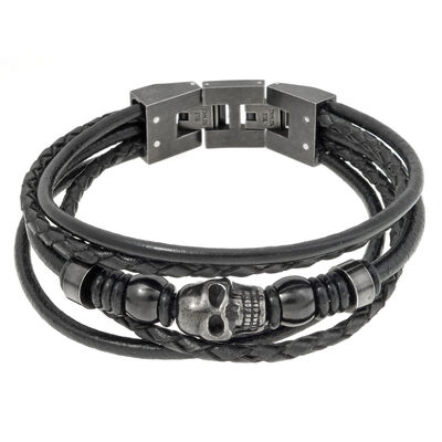 Men's Stainless Steel Skull Black Leather Rope Bracelet