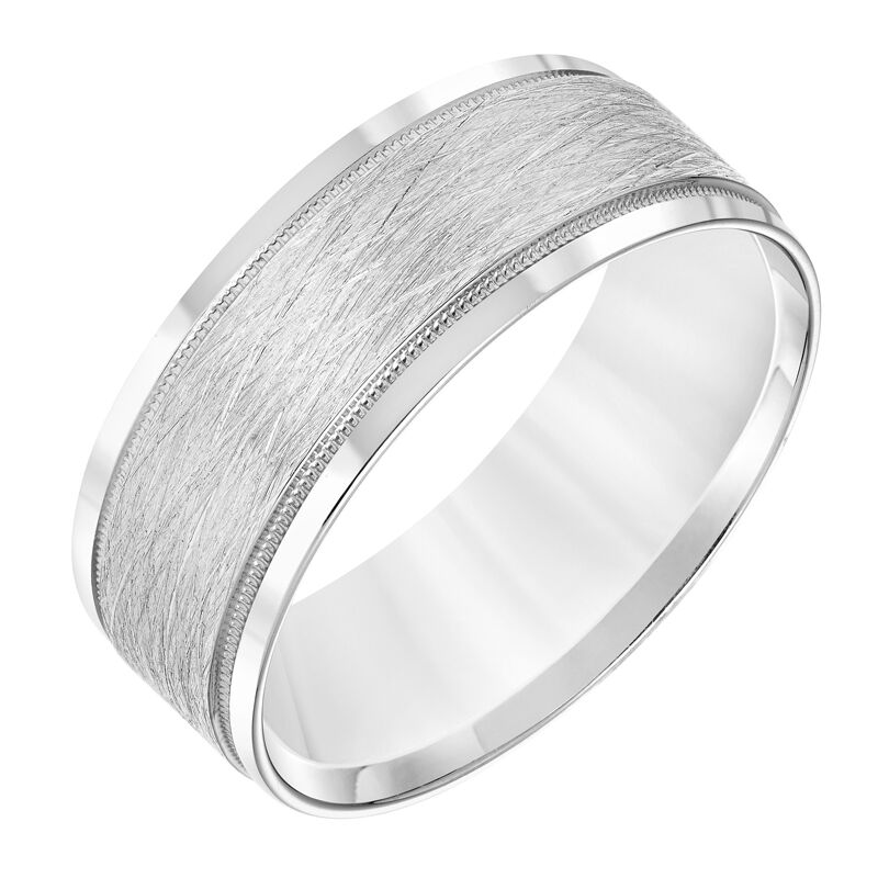 Steel Brushed Men's Band with High Polished Edges and Milgrain Detail in 14k White image number null