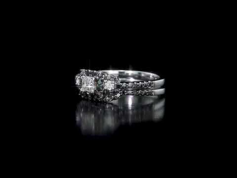 Princess-Cut Black & White Diamond Halo 1/2ctw. Engagement Ring + Matching Band in 10k White Gold image number null