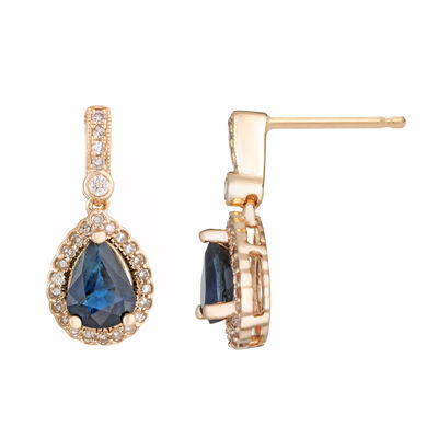 Pear Shape Sapphire & Diamond Drop Earrings in 10k Yellow Gold