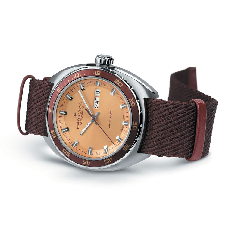Hamilton Men's Pan Europ Automatic Beige Dial With Burg Bezel Stainless Steel Leather & Nato Strap 42mm Watch H35435820 image number null