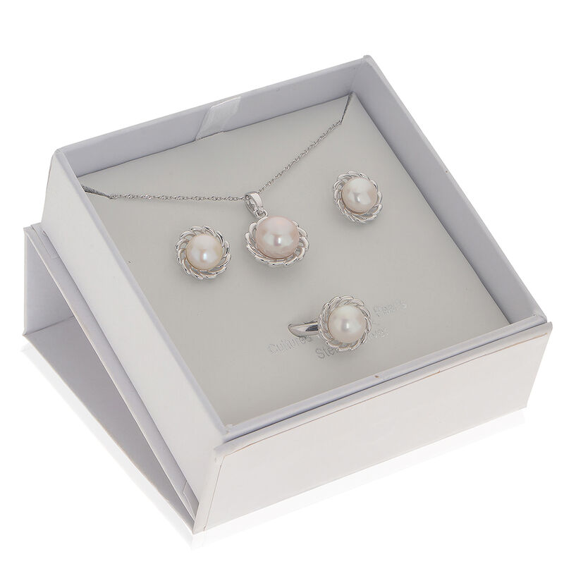 Pearl Silver Fan Border Necklace & Stud Earring Set image number null