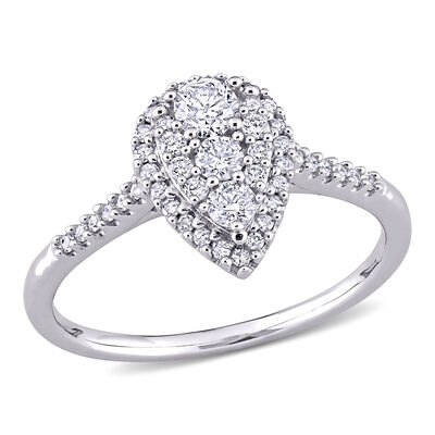 Brilliant-Cut 1/2ctw Composite Pear Shape Halo Engagement Ring in 10k White Gold