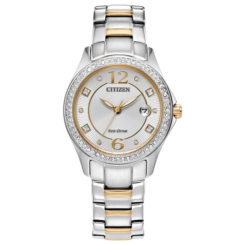 Citizen Ladies' Silhouette Crystal Gold Tone Stainless Steel Silver Dial With Date Bracelet 30mm Watch FE1146-71A image number null