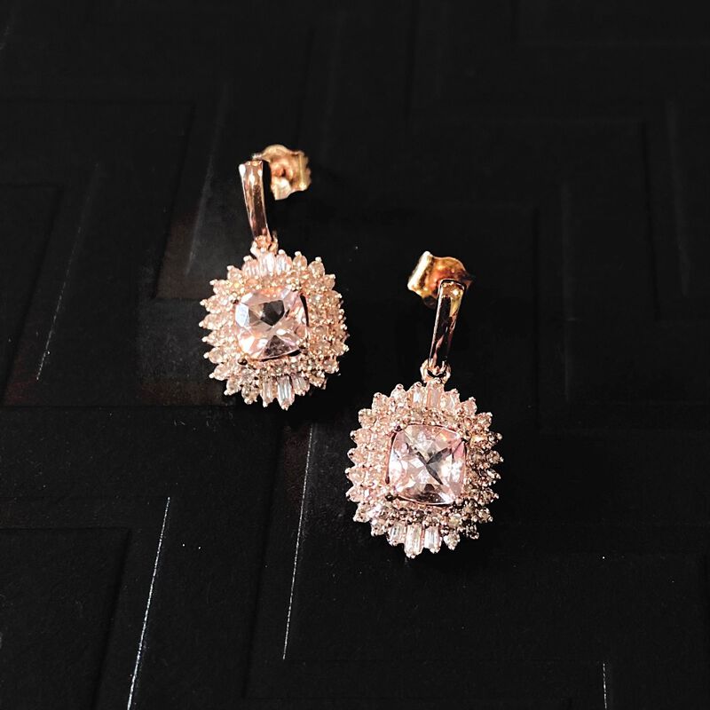 Cushion & Baguette-Cut Morganite & Diamond Halo Unique Drop Earrings in Rose Gold image number null