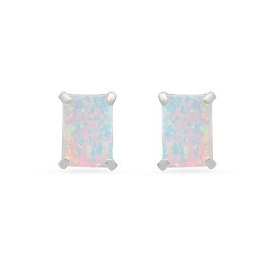Emerald-Cut Created Opal Solitaire Stud Earrings in 14k White Gold