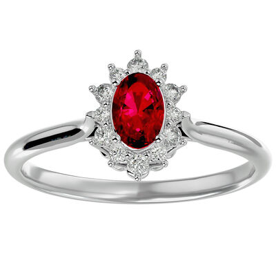Oval-Cut Ruby & Diamond Halo Ring in 14k White Gold