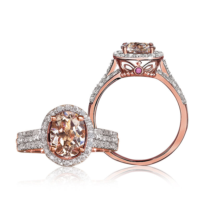 JK Crown: Morganite & Diamond Halo Ring in 10k Rose Gold image number null