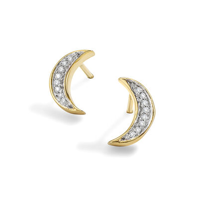 Diamond Moon Stud Earrings in 10k Yellow Gold