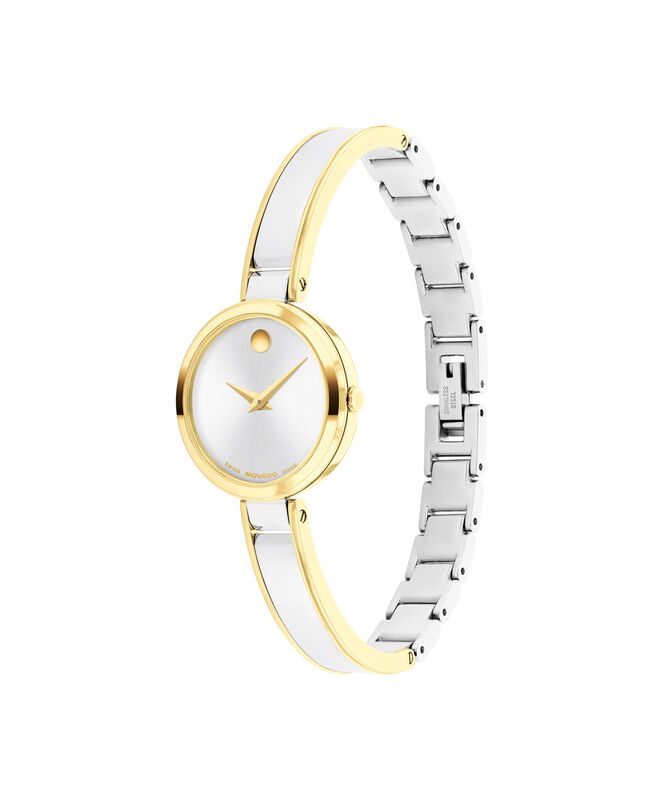 Movado Ladies' Moda Silver White Dial Yellow Gold-Tone Stainless Steel 24mm Bangle Watch 608012 image number null