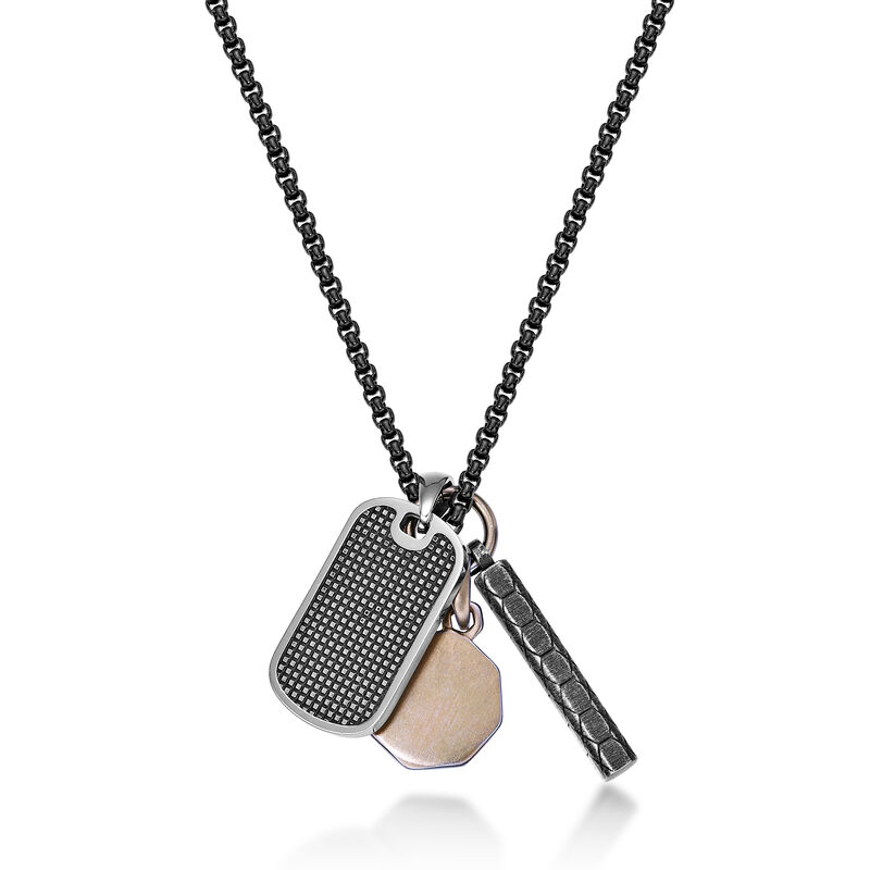 2 Tone Multi Pendant on 24" Box Chain in Black & Gold Ion Plated Stainless Steel image number null
