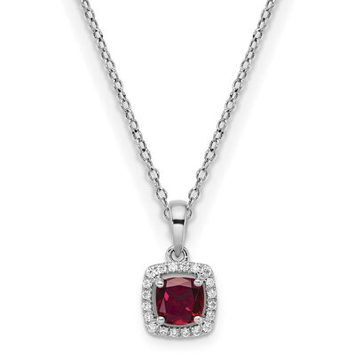 Cushion-Cut Created Ruby & Diamond Halo Pendant in Sterling Silver