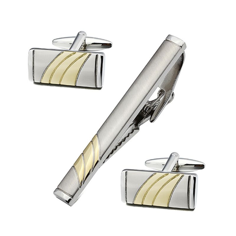 Men's Silver-Tone Tie Bar & Cufflinks Set with Curved Gold-Tone Accent image number null