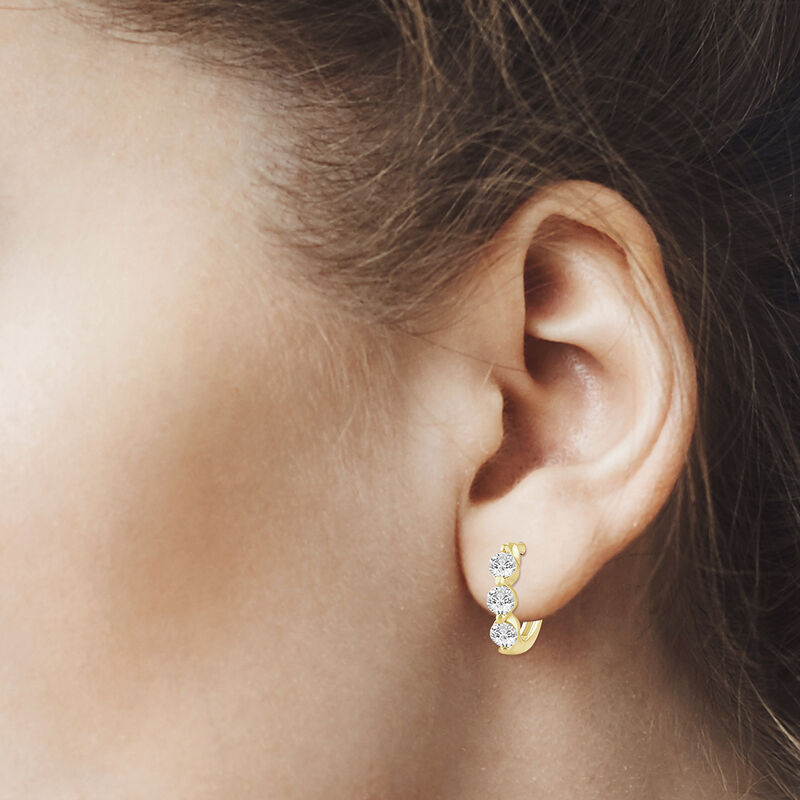 Brilliant-Cut Lab Grown 1/2ctw. Diamond 3-Stone Hoop Earrings in 10k Yellow Gold image number null