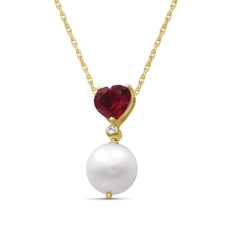 Heart-Shaped Created Ruby Pearl & Diamond Drop Pendant in 10k Yellow Gold image number null