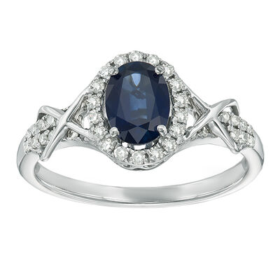 Sapphire & Diamond Halo Ring in 10k White Gold