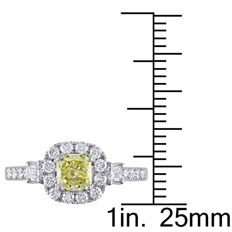 Radiant-Cut 1ctw. Yellow Diamond Halo Three Stone Engagement Ring in 18k White Gold image number null