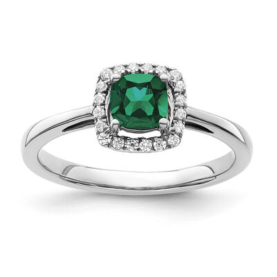 Cushion-Cut Created Emerald & Diamond Halo Ring in Sterling Silver