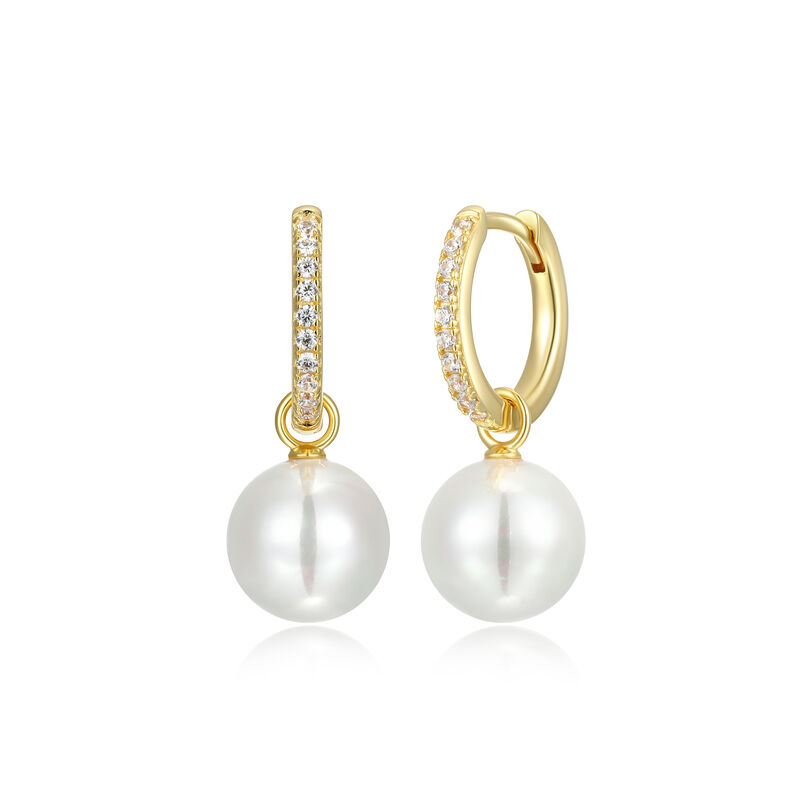 White Shell Pearl & Cubic Zirconia Hoop Earrings in Gold Plated Sterling Silver image number null
