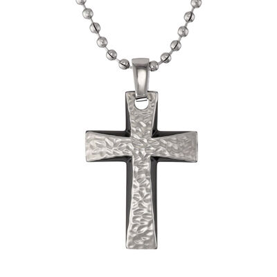 Men's Stainless Steel Cross Hammered Finish Necklace