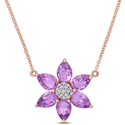 Amethyst & Diamond Floral Pendant in 10k Rose Gold