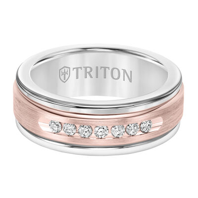Triton Men's 8mm White Tungsten Carbide and Diamond Wedding Band with 14k Rose Gold Center