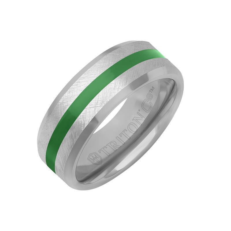 Triton 8mm Gray Tungsten Band with Crystalline Finish and Green Ceramic Inlay image number null
