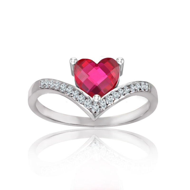Heart-Shaped Created Ruby & Diamond Chevron Ring in Sterling Silver image number null