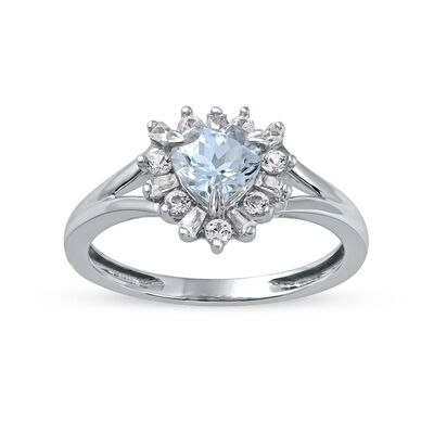 Aquamarine & Created White Sapphire Heart Ring in Sterling Silver