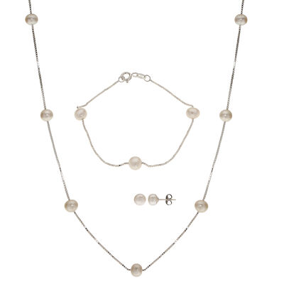 Freshwater Pearl 3-piece Necklace, Bracelet, and Earring Set in Sterling Silver