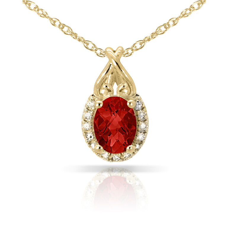 Oval Garnet & Diamond Halo Pendant in 10k Yellow Gold image number null