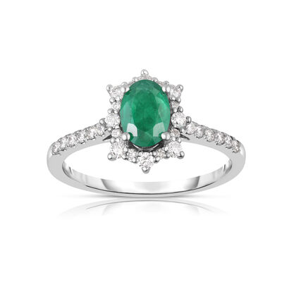 Oval-Cut Emerald Diamond Royal Collection Ring in 10k White Gold