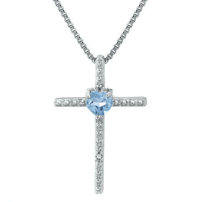 Created Aquamarine Heart Cross Pendant in Sterling Silver
