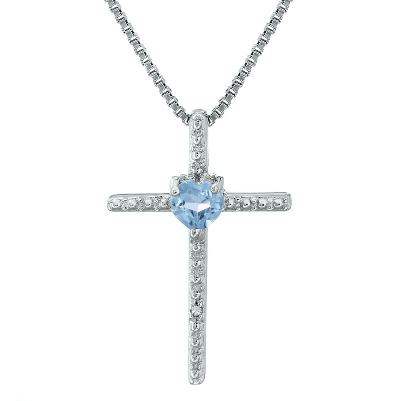 Created Aquamarine Heart Cross Pendant in Sterling Silver image number null