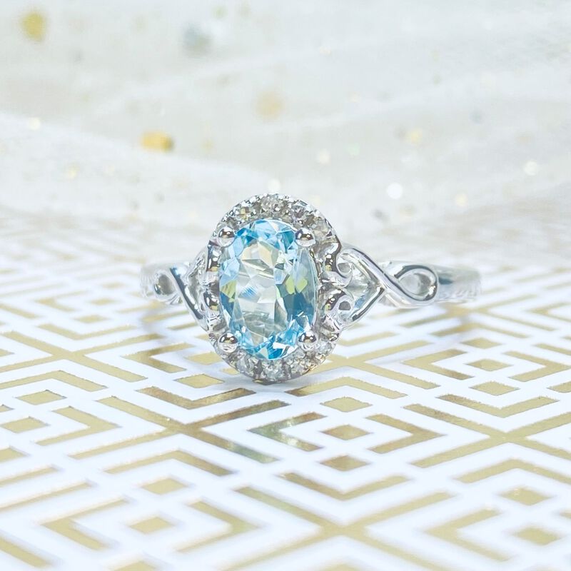 Aquamarine & Diamond Halo Oval Ring in 10k White Gold image number null