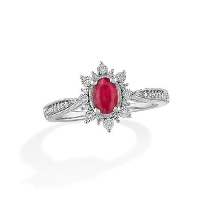 Oval Ruby Vintage Halo Ring in 10k White Gold