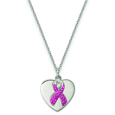 Pink Cancer Awareness Ribbon with Heart Pendant in Sterling Silver