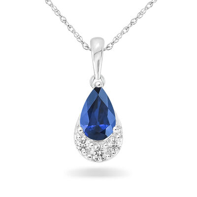 Pear-Shaped Sapphire & Diamond Drop Pendant in 10k White Gold