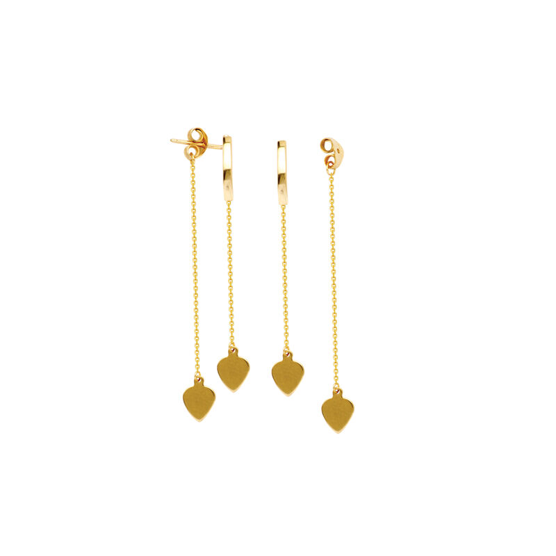 Front-Back Curved Bar with Drop Hearts Earrings in 14K Yellow Gold image number null