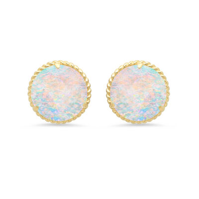 Created Opal Roped Halo Stud Earrings in 14k Yellow Gold