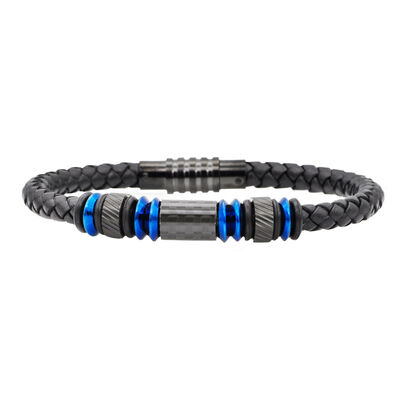 Men's Black Leather with Blue Bead 8.5" Bracelet in Stainless Steel