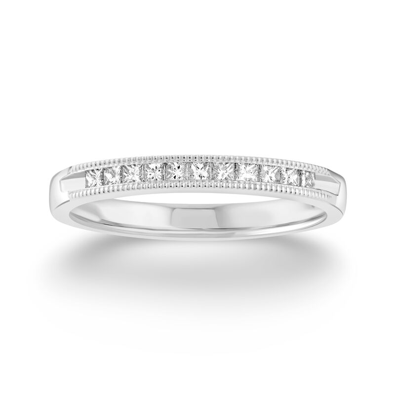 Natural Diamond Princess Cut Milgrain Channel Anniversary Band in 14k White Gold image number null