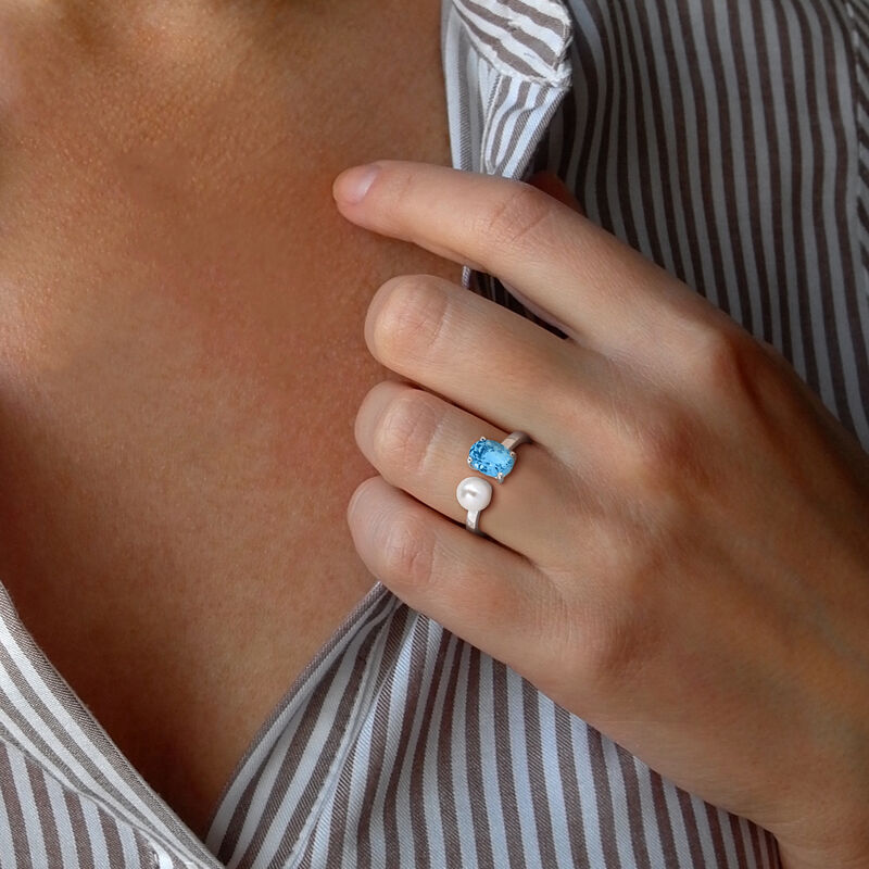 Blue Topaz & Freshwater Cultured Pearl Ring in Sterling Silver image number null