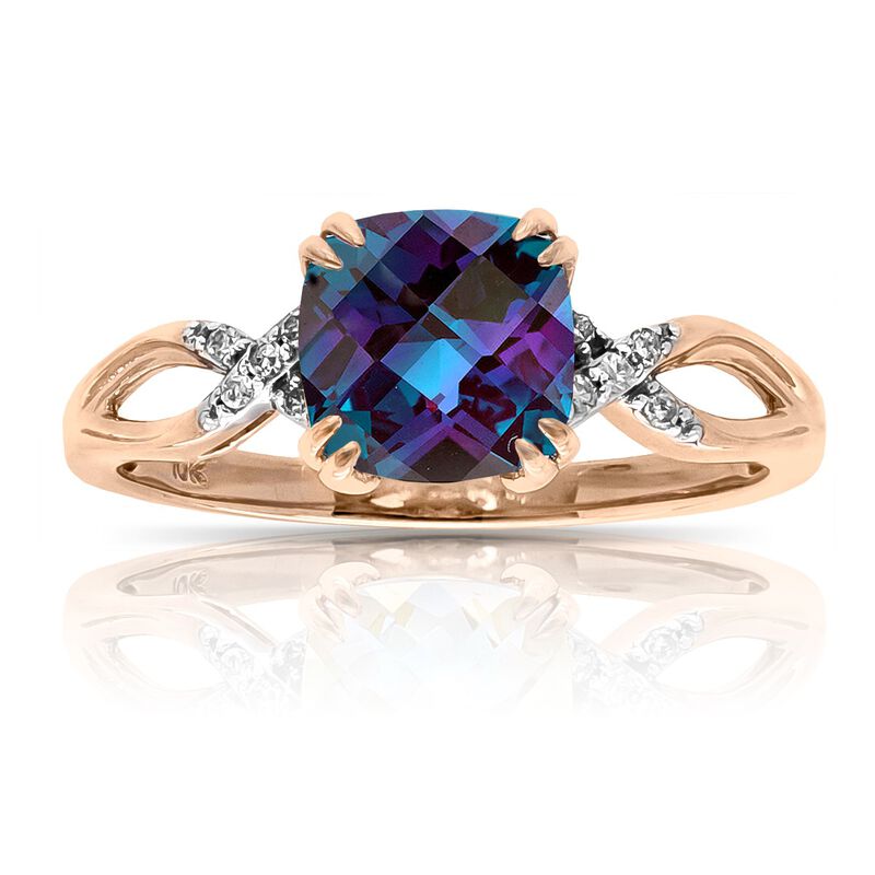 Cushion Created Alexandrite & Diamond Ring in 10k Rose Gold image number null